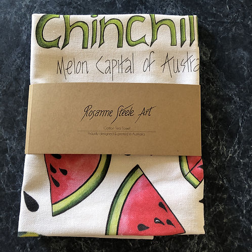 Tea Towel: Watermelon white background & CHINCHILLA Melon Capital of Australia